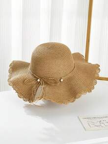 1顶女士卡其色波浪纹沙滩遮阳帽，饰有仿珍珠和蝴蝶结，优雅沙滩旅行度假遮阳帽 - 彩色 - 查看 5