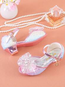 2026 Summer New Girls Rhinestone Butterfly Wedge Sandals, Korean Style Open Toe High Heels For Little Girls Students Princess - Pink - View 5