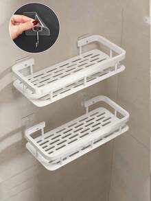 1pc Or 2pcs No Drill Adhesive Wall Mounted Shower Caddy, Space-Saving Slim Design, Large Capacity Open Storage, Multi-Function Floating Organizer Rack, Ideal For Bathroom Use - White - View 10