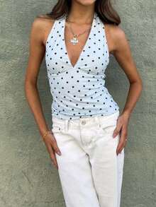 Women's Sleeveless Polka Dot Print Halter Neck Backless Ruched Picot Trim Crop Top, Slim Fit 2026 Summer Y2K Casual Going Out Cami Blouse - azul claro - Ver 4