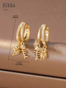 Hihho 1 Pair Summer Vacation Ocean Style Fully Rhinestoned Hoop Earrings With Seashell And Fish Bone Pendants, Fashionable And Beautiful Ladies' Earrings. Creative Design Showcases Dynamic Ocean Vibe, Sparkling Diamonds Radiate Beach Holiday Ambiance, Suitable For Commuting And Dating - Double Drop Earrings - View 8