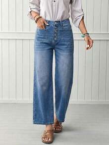 High Waist Button Front Wide Leg Cropped Denim Jeans For Women, Casual Washed Blue Pants Spring - Blue - View 3