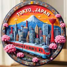 Mặt dây chuyền nam châm tròn chạm khắc kiểu Nhật Bản, hình ảnh Tokyo truyền thống với viền trang trí, Tháp Tokyo, ngã tư Shibuya và hoa anh đào – Một lát cắt sống động của đô thị cho tủ lạnh của bạn. - Tokyo, Nhật Bản - Xem 6