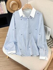 Women's Contrast Color Patchwork Collar Striped Casual Shirt Spring - Baby Blue - View 3
