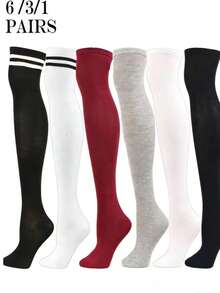1-6 Pairs Unisex Solid Color Double Stripe Knee High Socks, Casual School Style - Multicolor - View 9