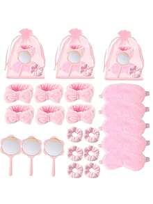 Juego de regalo de 15 piezas con tema rosa: antifaz para los ojos, espejo y scrunchie - Este exclusivo juego de regalo presenta un encantador tema rosa, que incluye 3 diademas, 3 antifaces para los ojos, 3 scrunchies, 3 espejos y 3 bolsas de organza. - Talla única - Ver 1