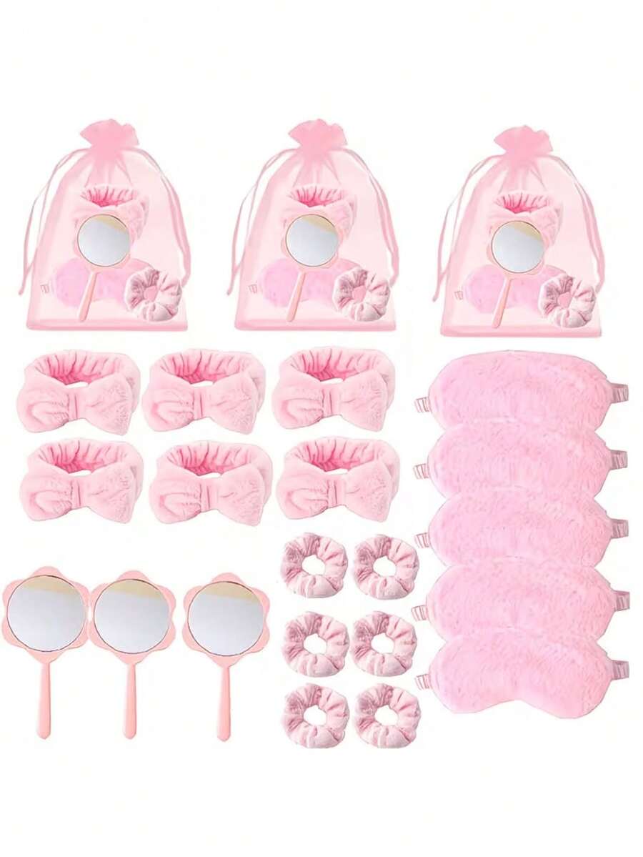 Juego de regalo de 15 piezas con tema rosa: antifaz para los ojos, espejo y scrunchie - Este exclusivo juego de regalo presenta un encantador tema rosa, que incluye 3 diademas, 3 antifaces para los ojos, 3 scrunchies, 3 espejos y 3 bolsas de organza. - Talla única - Ver 1