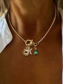 1pc Luxury Heart-Shaped 26 Full Diamond Letter Pendant Necklace, Stainless Steel Chain With Devil's Eye Pendant, Elegant Gift For Women Party - Yellow Gold - View 15
