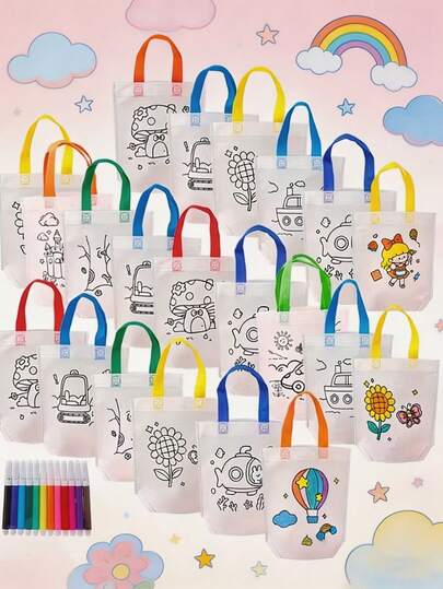 6/12/18/24 piezas Bolsas de compras reutilizables DIY Doodle Mini de tela no tejida - Bolsas de regalo con diseños de animales de carnaval, marcadores de colores, envoltura y almacenamiento de regalos de Navidad y Año Nuevo, suministros para fiestas - Patrones y colores de cuerda aleatorios