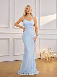 Women's Round Neck Batwing Sleeve Sequin Patchwork Bodycon Maxi Dress - Baby Blue - View 2