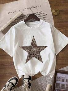 Women's Casual Short-Sleeved T-Shirt With Round Neck, Leopard And Star Print, White Color For Summer. - 白色 - 查看 1
