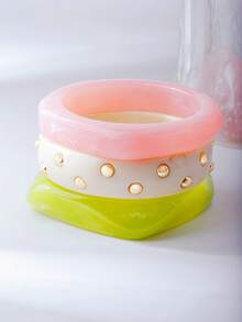 Set de 3 piezas/1 pieza de brazaletes geométricos exagerados, accesorio de joyería versátil para uso diario, fiesta, vacaciones, estilo bohemio (el color del teñido anudado de resina puede variar ligeramente por lote, fenómeno normal) - Multicolor - Ver 10