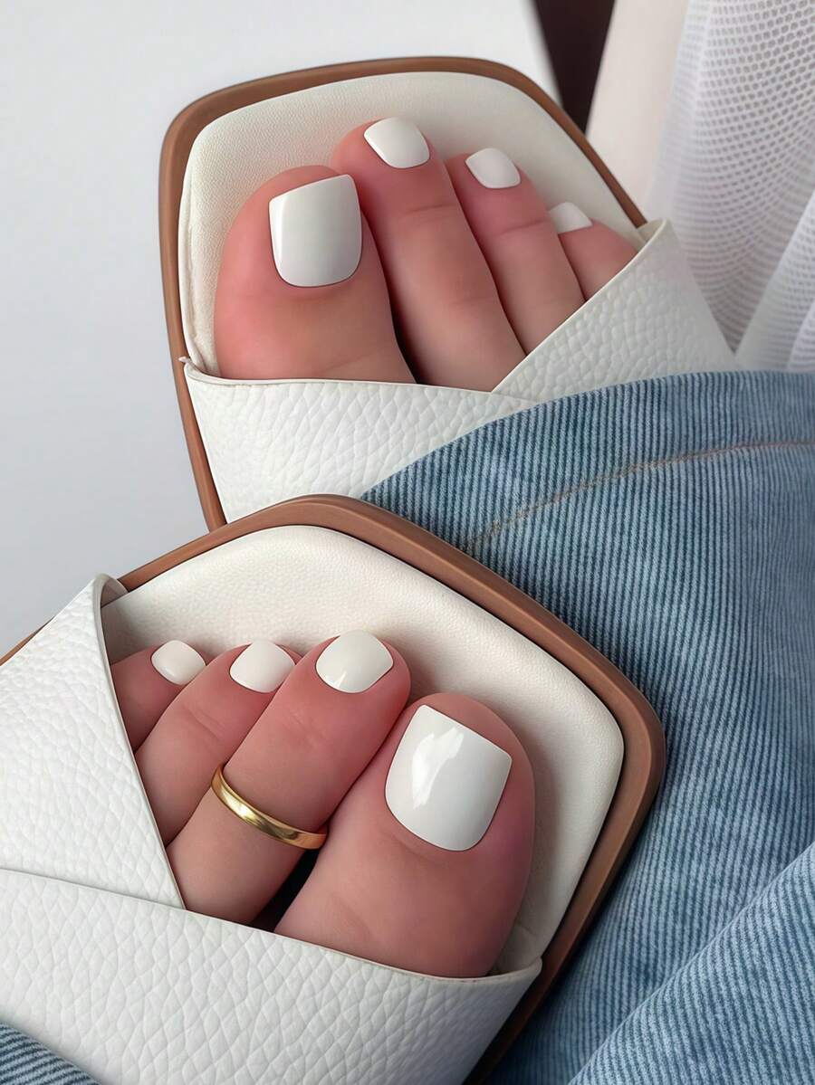 24 piezas Juego de uñas postizas cortas de cobertura completa en color blanco cuadrado, adecuado para uso diario de mujeres y niñas, incluye 1 pieza de pegatina adhesiva y 1 pieza de lima de uñas mini, entrega aleatoria de pegamento de gelatina - Blanco - Ver 1