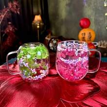 1个/2个双层玻璃杯，饰有逼真的花草图案，可重复使用，适用于牛奶、冷热饮、咖啡、抹茶、卡布奇诺等。透明玻璃杯，仅限手洗。情人节和生日的独特礼物。 - 粉色 - 查看 8