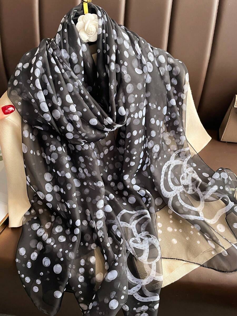 女士黑色雪纺围巾，轻盈百搭，春秋皆宜，艺术旅行防晒披肩颈巾 - 黑色 - 查看 1