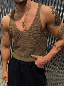 Chaleco de punto holgado sin mangas con diseño calado para hombre - Marrón - Ver 2