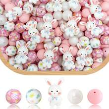 25/32/44颗可爱兔子硅胶珠套装，白色兔子系着领结，配胡萝卜形状的珠子，可DIY制作钥匙扣、项链、手链、首饰吊坠，节日和生日礼物 - 小白兔系列 - 查看 12