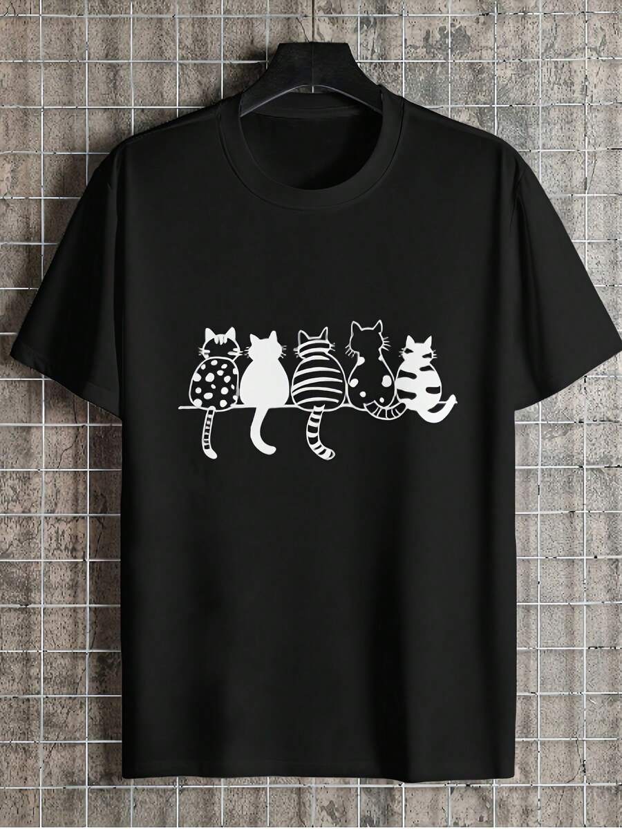 Women's Summer Tops With Cartoon Cat Print - Short-Sleeved T-Shirt, Round Neck, Loose Fit, Breathable, Ideal For Summer And Everyday Parties, With 4 Fun Cat Motifs, Machine Washable, Comfortable, Relaxed Fit, Soft Material, Fun Design, Adult Style. Cotton T-Shirt, Women's Tops, Summer Tops. - màu đen - Xem 1