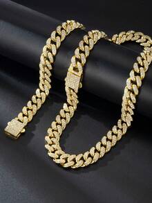 一套男女款个性化13毫米嘻哈风格镶钻粗链项链手链套装，欧美粗金链街头嘻哈粗链镶钻男女款嘻哈说唱镶钻项链手链套装，带包装盒 - 金黃色 - 查看 3