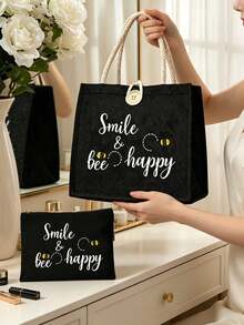 Women'S Multifunctional Tote Bag,Aesthetic Honey Bee Bag,Printed With Cute Bee And Heart Patterns, Holiday Style Letter Design Shopping Bag, Suitable For Weddings, Birthdays, Beaches And Various Festivals, Linen Handbag, Teacher'S Day Gift Bag, Portable Lightweight Foldable Storage Bag, Simple And Versatile - Multicolor - View 9
