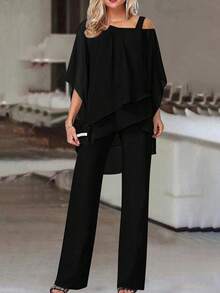 Bộ đồ 2 món gồm áo lệch vai màu đen bằng vải chiffon và quần ống rộng, thích hợp cho tiệc tùng, kỳ nghỉ và mặc hàng ngày vào mùa hè. - màu đen - Xem 2