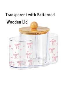 Pink Bow Pattern 3-In-1 Bamboo Lid Transparent Plastic Storage Box, Desktop Makeup Organizer Box With Three Round Holes, Transparent Cosmetic Storage Box With Three Compartments Suitable For Makeup Brushes, Lipsticks, Gift Ideas For Women - Multicolor - View 14