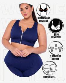 WOLFOC Women's Plus Size Cropped Fitness Top With Zipper And Removable Pads In Suplex Polyester - Azul Marino - Ver 3