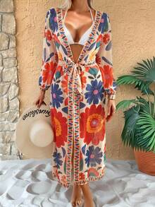 Áo khoác kimono dài tay in hoa dành cho nữ, thích hợp mặc đi biển hoặc du lịch. - Nhiều màu - Xem 6