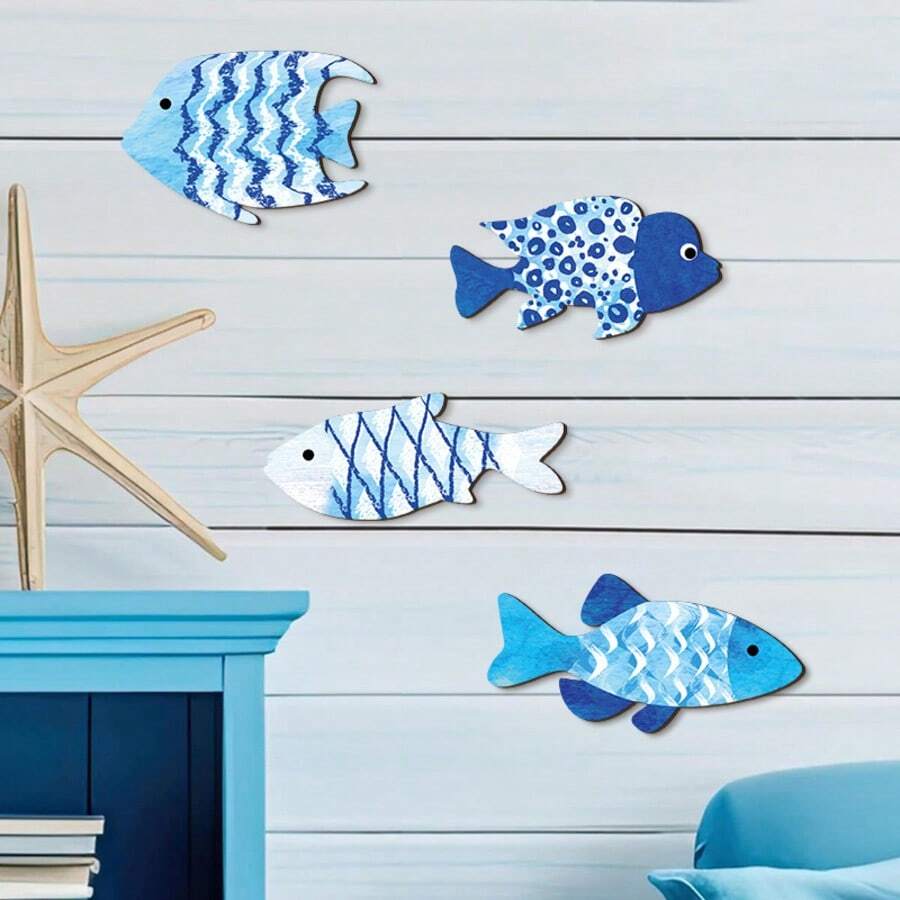 2D Printed Fish School Wooden Wall Art Decor, Suitable For Bathroom, Bedroom, Living Room