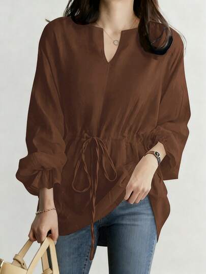 Áo sơ mi nữ cổ chữ V thắt eo kiểu chú hề, áo sơ mi nữ tay dài dáng rộng cổ điển mới, kiểu dáng thường ngày, thắt eo phía trước, thích hợp cho mùa xuân.