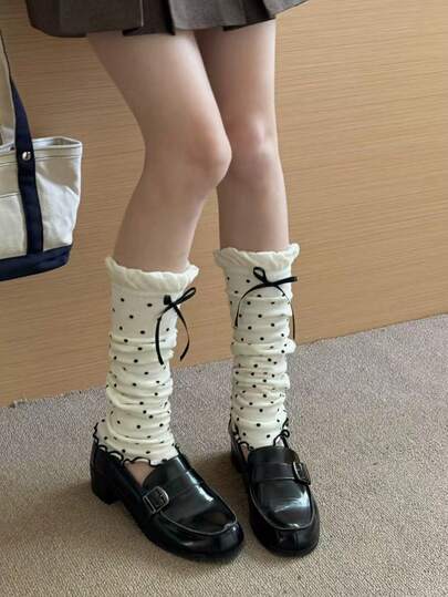 1双复古波点蝴蝶结荷叶边踝套，百搭甜美可爱风格，适合日韩时尚穿搭