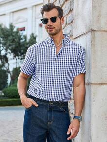 Men's Plaid Shirt Short Sleeve Button Down Linen Shirt Anti-Wrinkle Casual Business Summer Work Shirt - Màu xanh lam - Xem 4