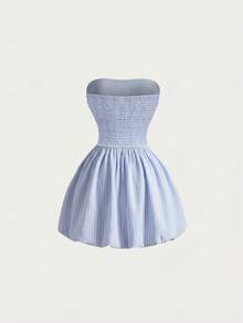 女士夏季条纹休闲性感波西米亚风度假露背荷叶边灯笼裙，短款抹胸连衣裙 - 藍白色 - 查看 2