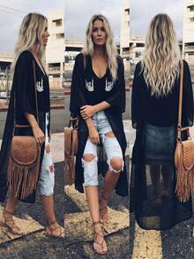 女士黑色骷髅手印花沙滩罩衫，开襟蝙蝠袖弧形下摆雪纺薄纱和服式度假风 - 黑色 - 查看 2