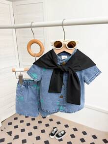 3pcs Infant Boy Summer Fashion Cool Casual Polo Collar Short Sleeve Top Paired With Casual Daily Shorts + Versatile Shawl Decor 3-Piece Set, Suitable For Daily, Outdoor, School, Commute, Street - Blue - View 2
