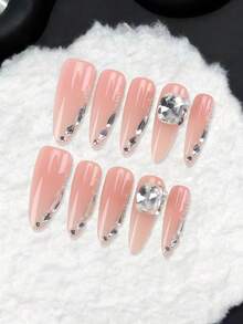 30 Móng Tay Giả Dài Hình Giọt Nước/Màu Hồng Nude Sang Trọng Đính Đá Lớn, Móng Tay Giả Hình Hạnh Nhân Dài Lấp Lánh - Bụi hồng - Xem 5