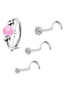 Bộ 4 khuyên mũi bạc đính đá Opal hình chữ S, đá CZ 1.5-3mm, chất liệu thép không gỉ, không gây dị ứng, cỡ 18G, thích hợp cho nữ và thiếu nữ, dùng để xỏ lỗ mũi, vách ngăn mũi và sụn tai. - Bạc - Xem 9