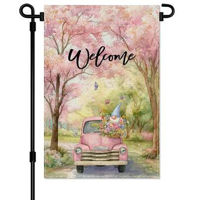 علم حديقة ترحيبي بزهور الربيع من BNG - علم مزدوج الجانب بشاحنة وردية مع قزم وزهور، 12 * 18 بوصة