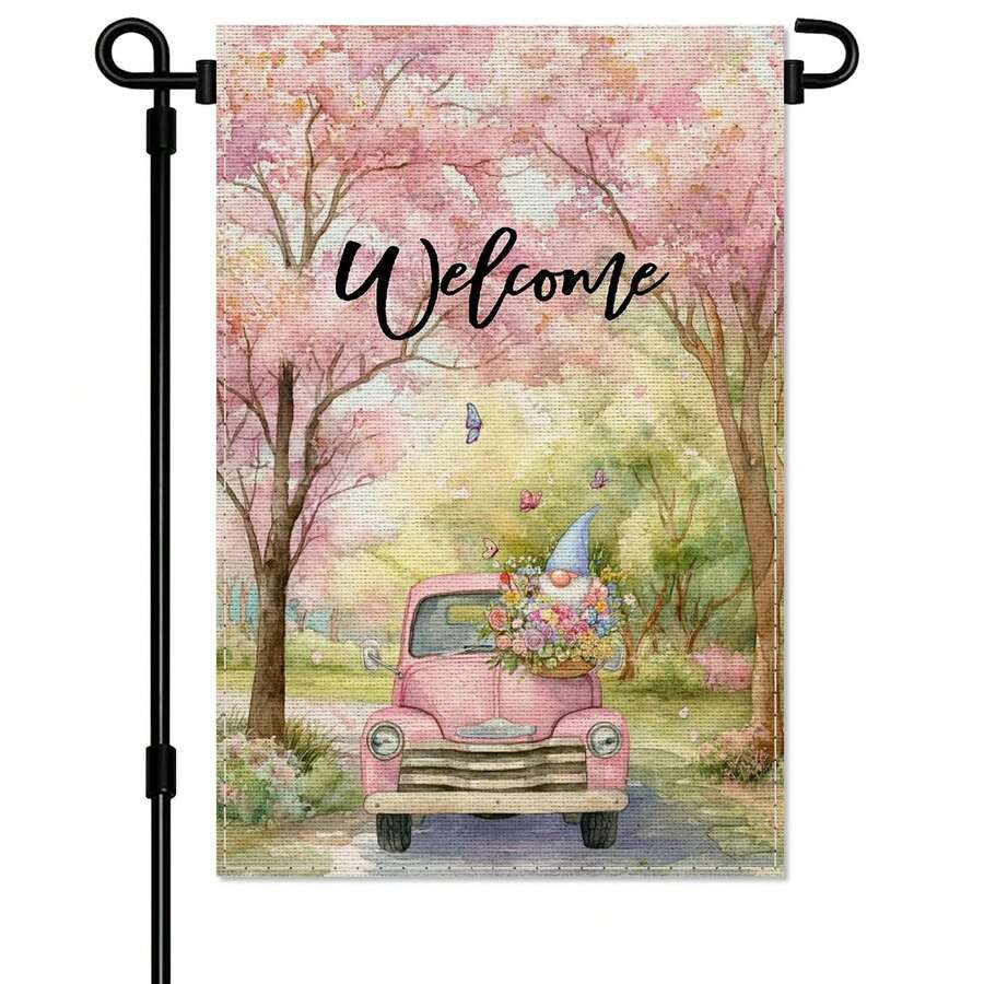 BNG 春日繁花欢迎花园旗 - 双面粉色卡车图案，饰有小矮人和鲜花，12x18 英寸 - A - 查看 1