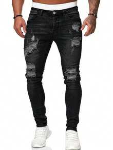 Men's Distressed Stretch Skinny Jeans, Casual Streetwear Slim Fit Pants, Grunge - Black - View 1