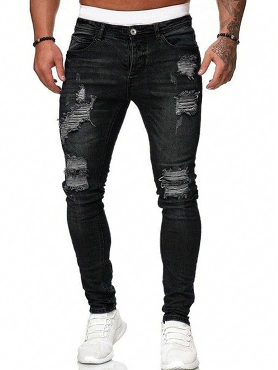 Men's Distressed Stretch Skinny Jeans, Casual Streetwear Slim Fit Pants, Grunge - Black - View 1