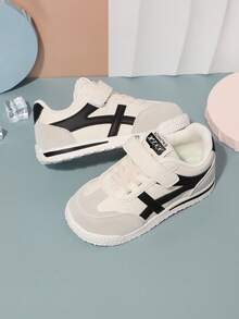 1 Pair New Kids Shoes, Beige Main Color With Contrast Stripe, Featuring Hook And Loop And Lace Dual Design For Easy On/Off, Retro Sporty Style Suitable For Weekend Outings, Campus Activities, Outdoor Sports - Black and White - View 4