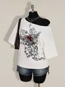 Colección verano 2026. Camiseta holgada mujer talla grande, estampado calavera y rosa gótico punk, estilo retro vanguardista. Tallas 3–7XL, apta otoño-invierno. Envío gratis 24h. - Blanco - Ver 4