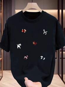 Camiseta de Algodón Blanca para Hombre - Suave y Transpirable para Verano con Lindos Estampados Gráficos de Perros en Variadas Posiciones, Cuello Redondo, Camiseta Casual para Uso Diario para Amantes de Mascotas (Lavable a Máquina), Camiseta para Perros, Diseño Divertido, Corte Relajado, Ilustraciones Divertidas, Material Cómodo - Negro - Ver 1