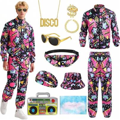 80s Fancy Dress Men, 90s Fancy Dress Costumes With Retro Accessories, 80s Fanny Pack Headband Inflatable Radio, 1980s Mens Tracksuit Shell Suits For Carnival Party Dress Up