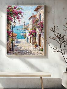 1幅地中海小巷油画，花卉海景墙画，意大利波西塔诺水彩画，阿马尔菲海岸墙画，意大利夏日风景，海滨村庄装饰，海滩日落旅行海报，节日礼物，送给朋友的理想礼物，卧室艺术画，客厅装饰，办公室装饰，厨房装饰，浴室装饰，墙画，墙面装饰，家居装饰，房间装饰，帆布墙画，海报，带框墙画，可选画框 - A - 查看 6