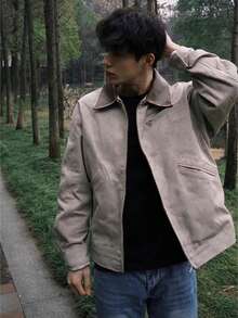 Men's Distressed Detroit Airbrush Print Zip-Up Jacket - Vintage Deconstructed Patchwork Oversized Streetwear - 卡其色 - 查看 3