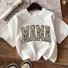 Mother S Day Women S Summer MAMA Letter Camouflage Print Round Neck Short Sleeve Casual T-Shirt - 藍色 - 查看 6