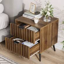 Modern Bedside Table/Side Table Made Of Solid Wood, With Recessed Design And Two Drawers, Suitable For Bedrooms, Hallways, Living Rooms And Children's Rooms, Walnut, 45 X 40 X 53 Cm, 1 Piece - 核桃 - 查看 1