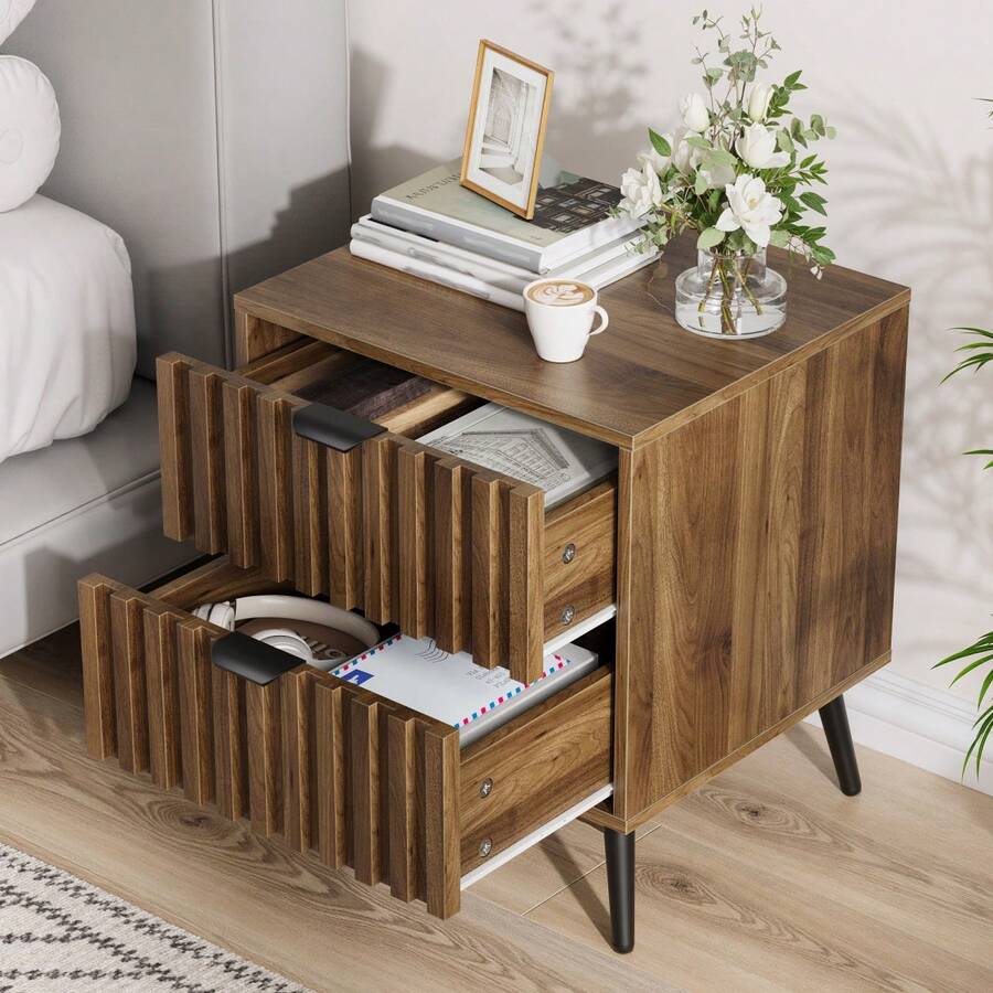 Modern Bedside Table/Side Table Made Of Solid Wood, With Recessed Design And Two Drawers, Suitable For Bedrooms, Hallways, Living Rooms And Children's Rooms, Walnut, 45 X 40 X 53 Cm, 1 Piece - 核桃 - 查看 1
